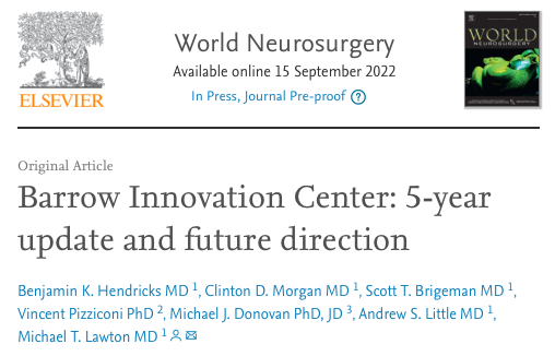 benkhendricks's tweet photo. The Barrow Innovation Center is honored to have its history and accomplishments published in @WorldNeurosurg. Entrepreneurial education and enablement of neuroscience innovation. https://t.co/YG6lZdF8x7 @BarrowNeuro @mtlawton https://t.co/asrXjYai36