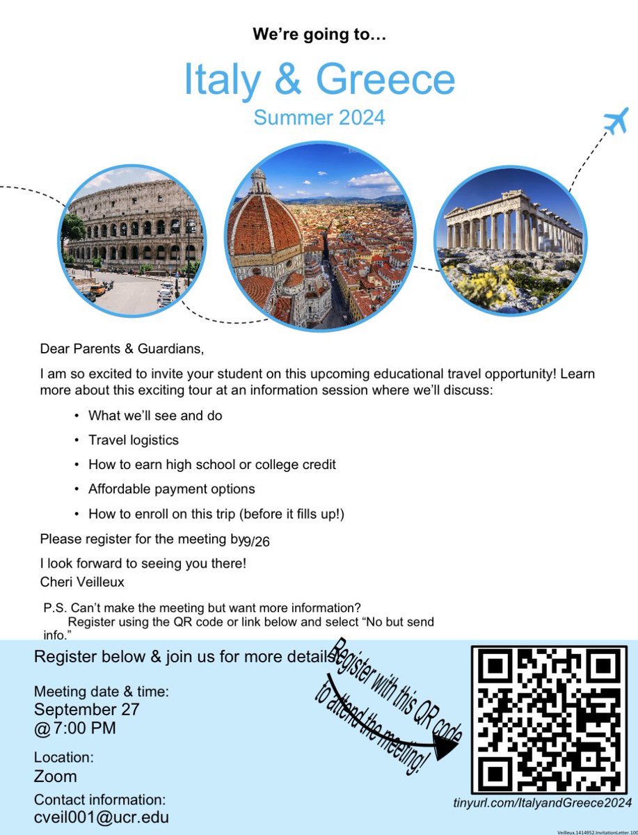 Your cadet is invited to join us on an upcoming educational travel experience to Italy &amp; Greece in summer 2024!
Come hear all the details, including the itinerary, activities, academic opportunities, the cost of the trip at our Zoom informational meeting on 9/27 at 7:00 PM.