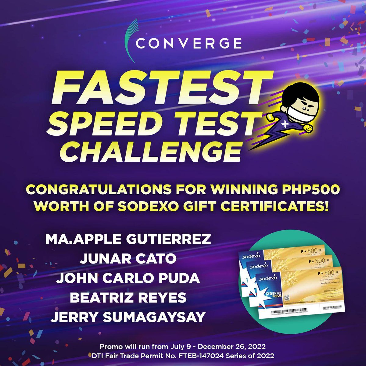ExperienceCNVRG's tweet photo. CONGRATULATIONS to the lucky weekly winners of Php500 worth of Sodexo GCs from the #FastestSpeedtestChallenge! May chance ka rin manalo! #ShowOffYourSpeed at mag-speedtest araw-araw sa Ookla (https://t.co/0tmj8rtcN3.)
See the complete mechanics at https://t.co/elzaQWTQWx. https://t.co/efDhHfFsMq