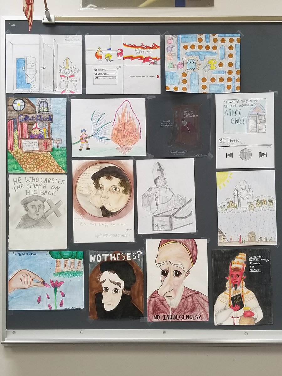 ITeachHist's tweet photo. #APEuro students created political cartoons defending either Martim Luther or the Catholic Church in the Protestant Reformation. Welcome to the Wall of Fame! https://t.co/bcN70fHxp9