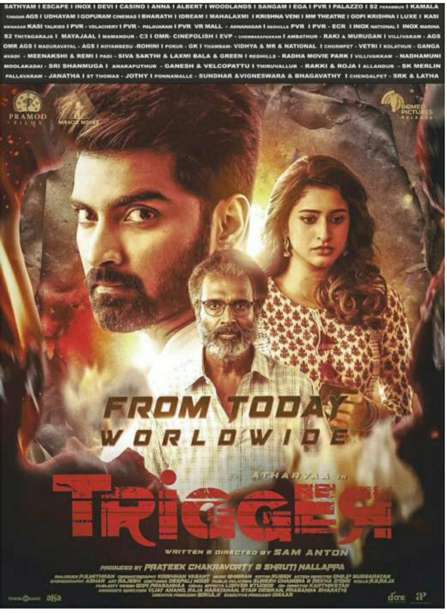 KollywoodCinima's tweet photo. @Atharvaamurali's #Trigger Releasing Worldwide Today. Watch only in Theaters
#TriggerFromToday #TriggerFDFS
Best wishes to @ANTONfilmmaker @actortanya @pramodfilmsnew @miraclemoviesin #KollywoodCinima @DesiboboPrateek @ShrutiNallappa @mynameisraahul for Grand Success https://t.co/EOCACWX4ou