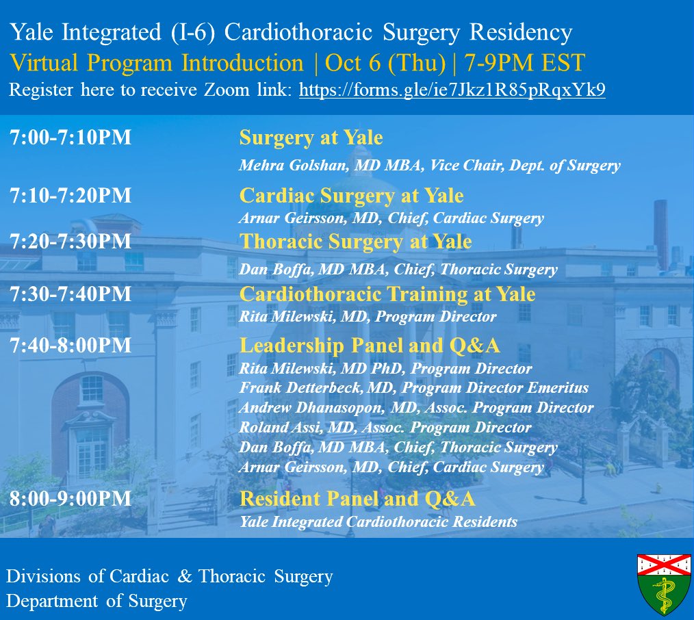 Pinging <a href="/ThoracicStudent/">TSMA</a> to ask for help sharing this with all current and future i6 applicants! @YaleCTSurgery Virtual Meet &amp; Greet officially on the books for Oct 6 from 7-9 PM EST— Register here: forms.gle/ie7Jkz1R85pRqx…