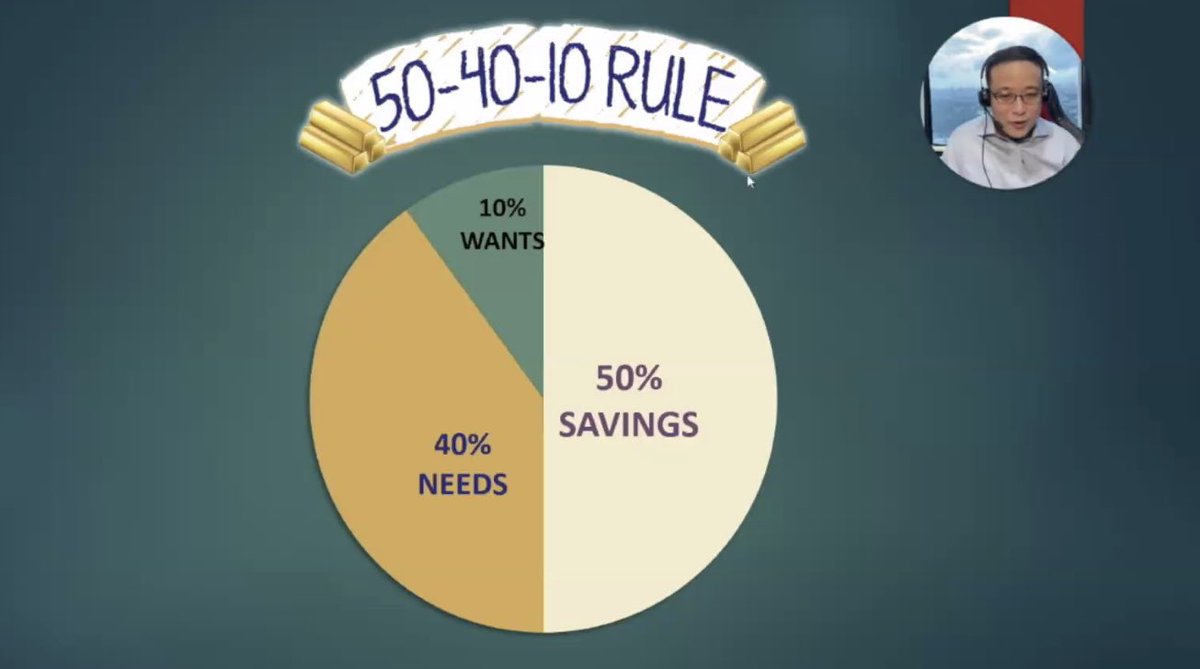 rzanetaMD's tweet photo. 50-40-10 Rule on where your monthly income goes

50% Savings
40% Needs
10% Wants

Financial Literacy 
by Dr Lee Hok
#IMPowered2022 https://t.co/vPyi6XeA4B