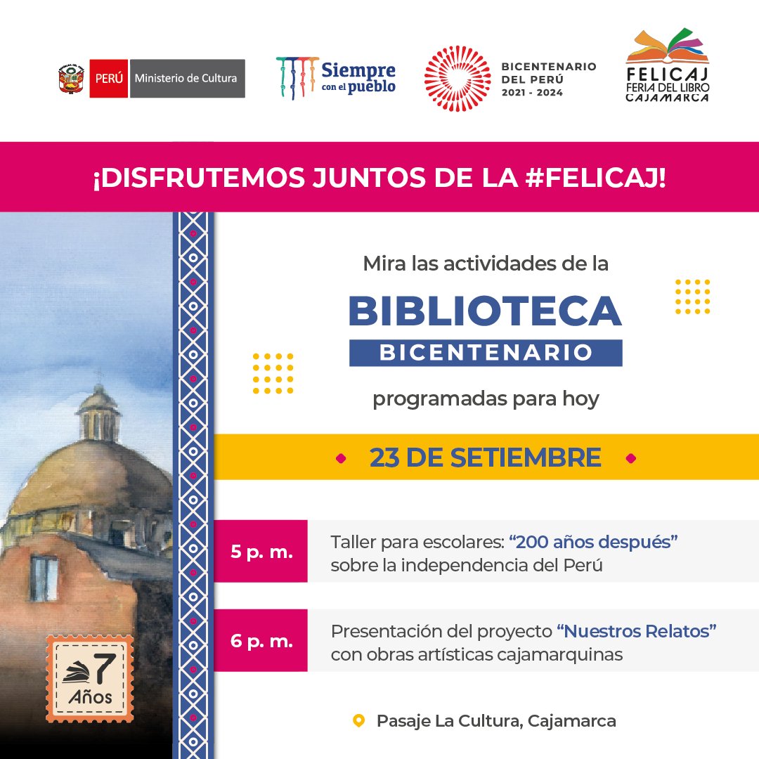 bicentenariope_'s tweet photo. ¡Volvemos para leer! 📚 Disfrutemos juntos de la VII Feria del Libro de Cajamarca y participemos en el taller para escolares y la presentación del proyecto “Nuestros Relatos”. Los esperamos desde las 5 p. m. en el Pasaje La Cultura.

#FELICAJ
#BicentenarioPerú2024 🇵🇪 https://t.co/6sNXliBYhg