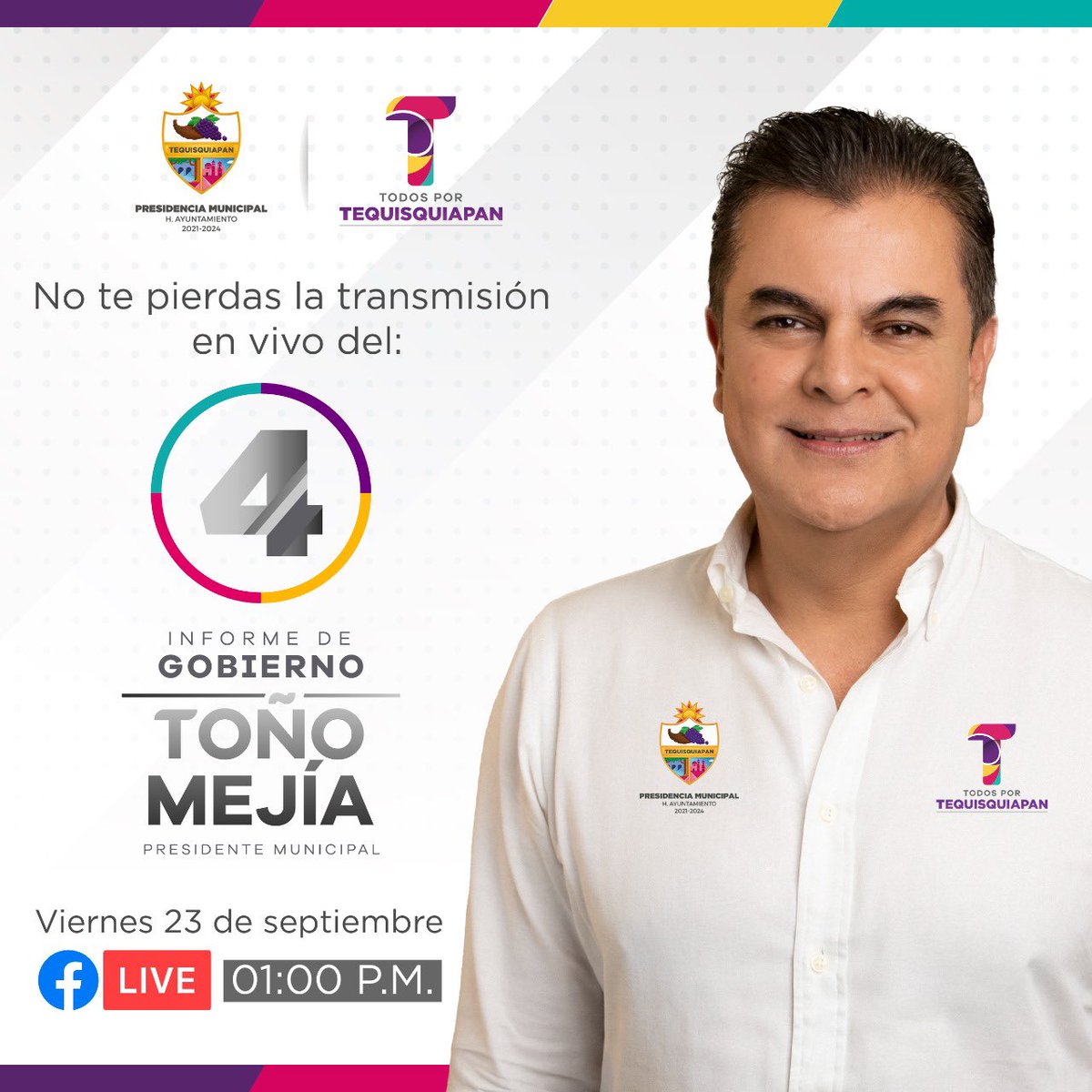 TonoMejiaLira's tweet photo. Acompáñame el día de mañana a partir de la 1:00 p.m. en la transmisión en vivo de mi 4to. Informe de Gobierno, en donde conocerás los avances de Tequisquiapan a lo largo de estos 4 años de mi administración. #4años #ToñoMejía #TodosPorTequisquiapan https://t.co/YNEnOpeSE1