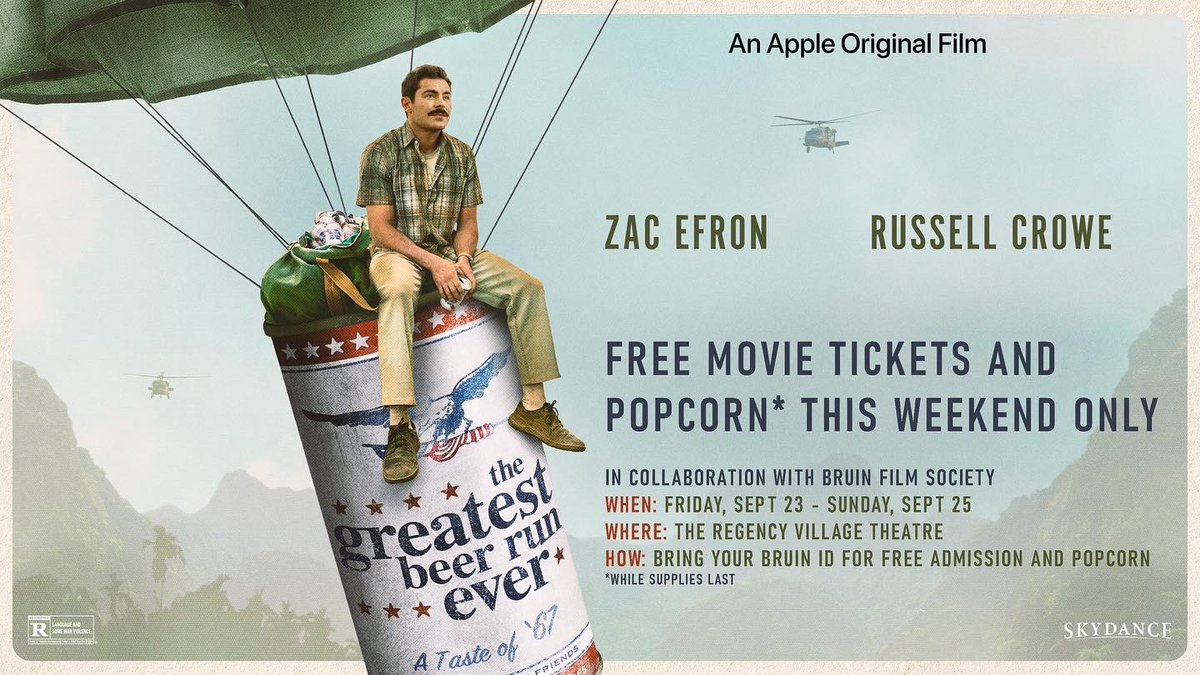 bruinfilms's tweet photo. Don’t forget! Starting tomorrow, BFS is collaborating with Apple TV+ to bring free screenings of The Greatest Beer Run Ever to Bruins! Bring your Bruin ID card to the Regency Theatre this weekend for free admission and popcorn! https://t.co/kbdEQyD1Lg