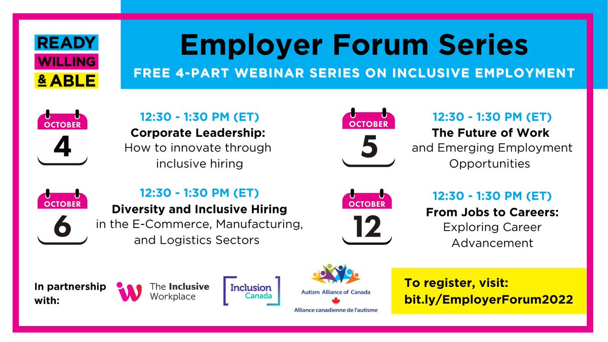 You are invited to attend the upcoming free Employer Forum Webinar Series by Ready, Willing &amp; Able (RWA), in collaboration with Inclusion Canada and Autism Alliance of Canada, on inclusive employment. Registration is now open. Here is the link: bit.ly/EmployerForum2…