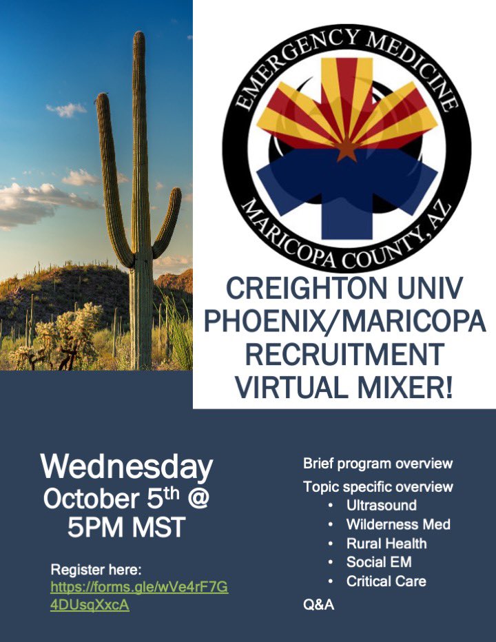 EM bound medical students! Join us for our next virtual mixer on 10/5 @ 5PM MST!

Register: forms.gle/wVe4rF7G4DUsqX…

#EMbound #Match2023