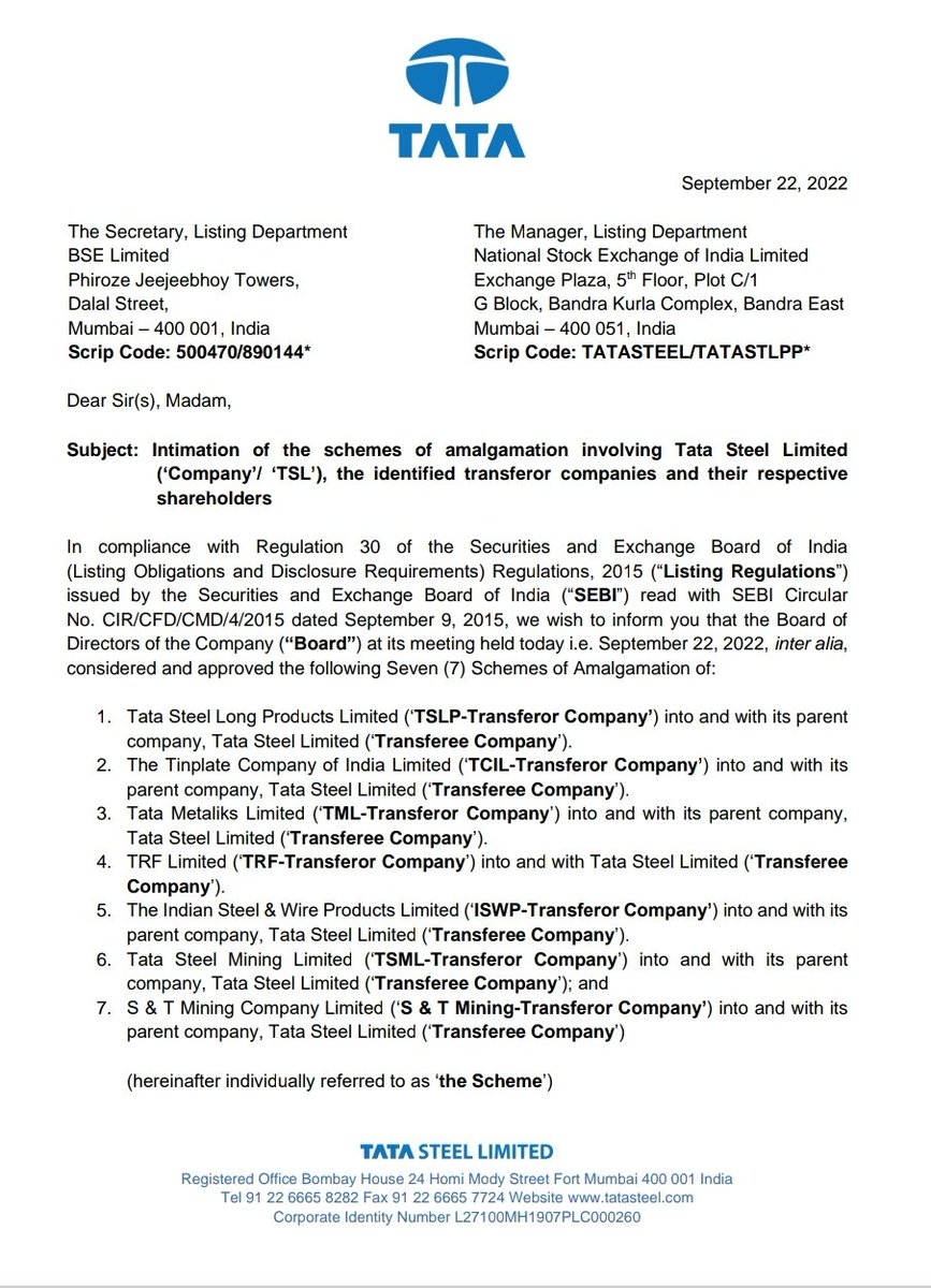 anuran17's tweet photo. Major Tata Group merger announced.
Tata Metaliks, Tata Steel Long, TRF and Tinplate to merge with Tata Steel.
#metals #tatasteel #meger #nseindia #stockstowatch #tatagroup https://t.co/LZ3RMLf6Za