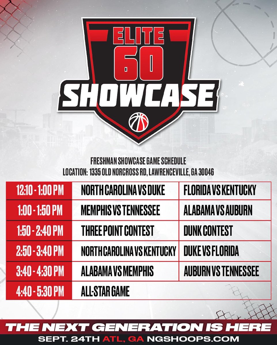 Elite60 Freshman Showcase
Game Schedule 💢Rosters💨
:
#ngshoops 💢 #bucketreel 
#elite60 #classof2026