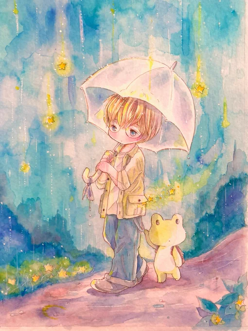 #月と星展2022展示3日目です微妙なお天気ですが、本日もどうぞよろしくお願いします【星フル夜のミチ】『ひかりひりそそぐ暗闇の森。迷子にならないようにそばにいて…』額装作品です。加筆にあたってタイトルも変えました 