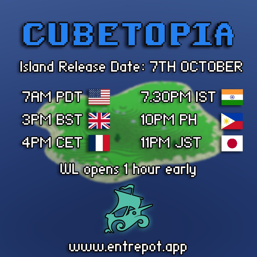 We have a date for our island mint!

LAUNCHING ON ENTREPOT
7TH OCTOBER
🇺🇸 7AM PDT
🇺🇸 3PM BST
🇯🇵 11PM JST

🔁 5 RTers will get WL!
#Dfinity #ICP #Metaverse #NFT #Giveaway
