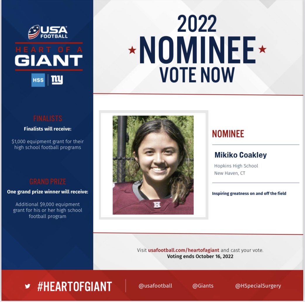 Our very own Miko Coakley ‘23 is a #HeartOfAGiant nominee! 

Go to: usafootball.com/hoagvote/ to Submit your vote and read a piece of her wonderful story! 

#YeahHop #Team150