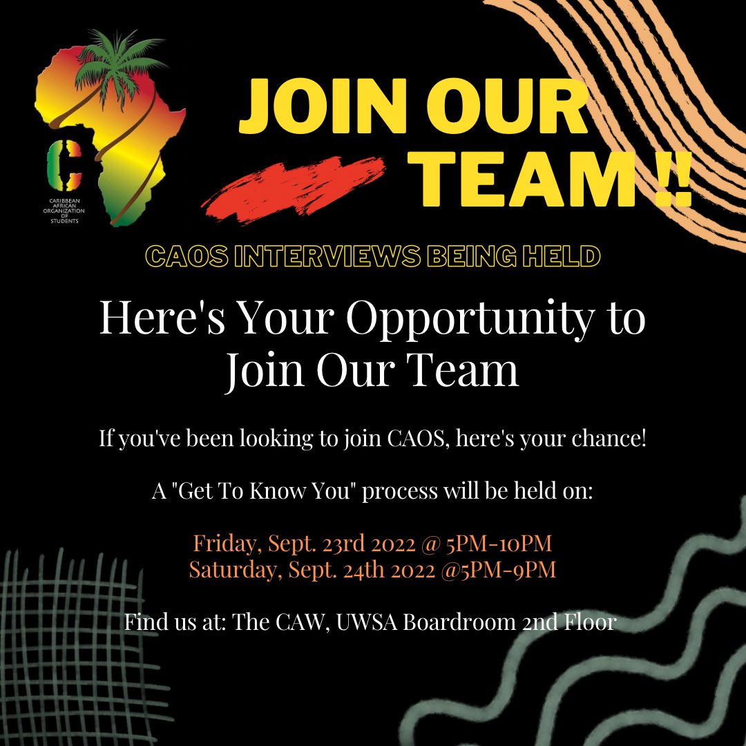 caoswindsor's tweet photo. Open Call to all Lancers wanting to join CAOS!! If you’ve been looking to join our team, here’s you chance!

Interviews being held: Friday Sept. 23rd @5PM-10PM &amp; Saturday Sept. 24th @5PM-9PM in the CAW UWSA Boardroom on the second floor 

Share and join with a friend! https://t.co/3tI3Mo6C9V