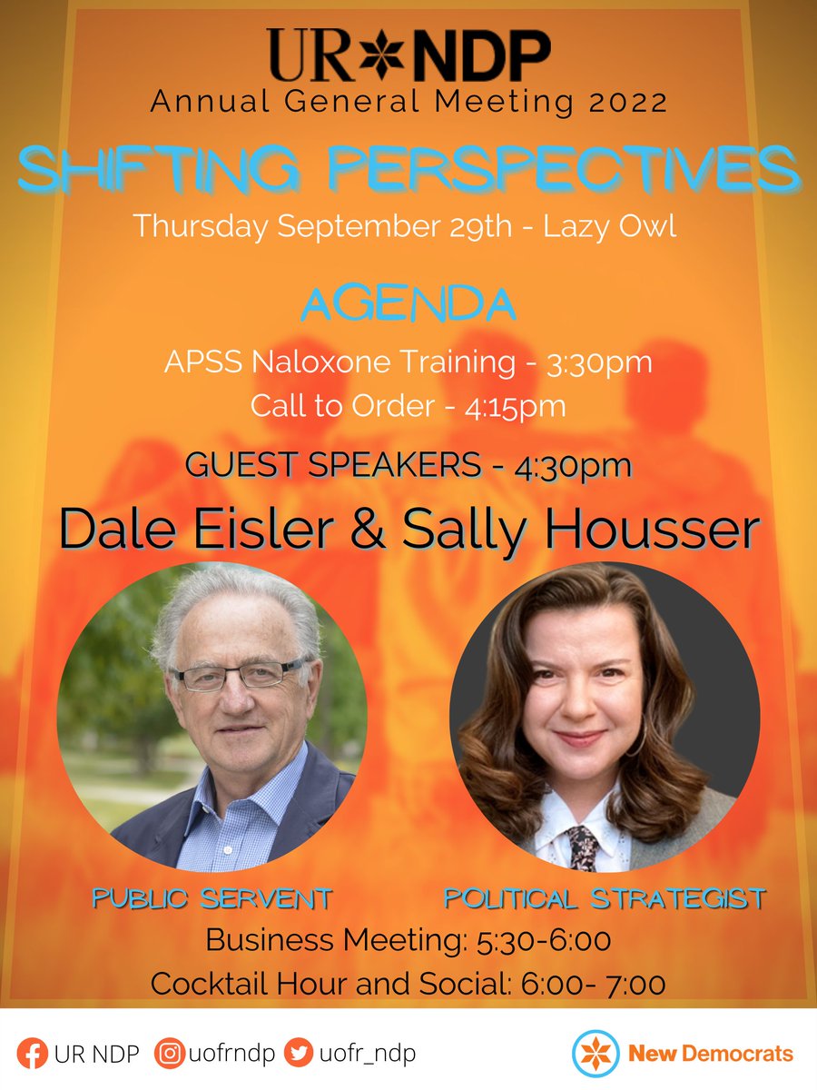 uofr_ndp's tweet photo. Some hindsight, some foresight. Shifting Perspectives!! Sept 29 430pm @DaleEisler1 from @JSGSPP and @salhousser from @PnPCBC chat about how #skpoli has changed in the last few decades. No RSVP, just show up. @Sask_NDP @SaskNDPYouth https://t.co/iMaBsia6jh