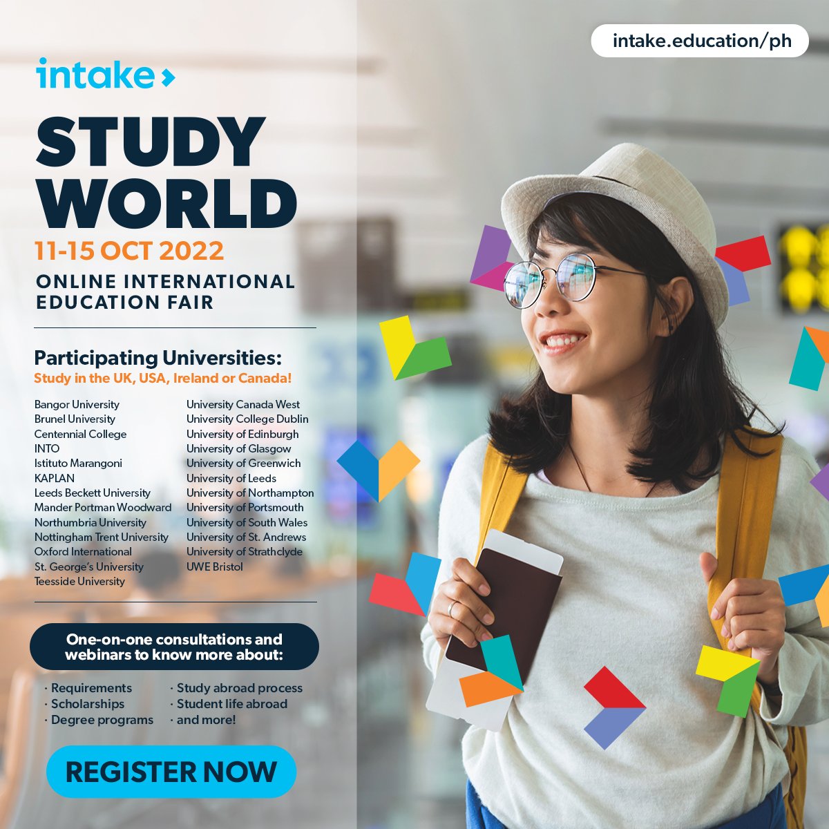 TOMCATust's tweet photo. Intake's Study World event is back and this October they have free webinars and consultations with university representatives from different countries.
So do #WhateverIntakes and register through this link: https://t.co/KNgxlwNeTj
#Intake #TheFutureInYou https://t.co/a9cnqi7cS0