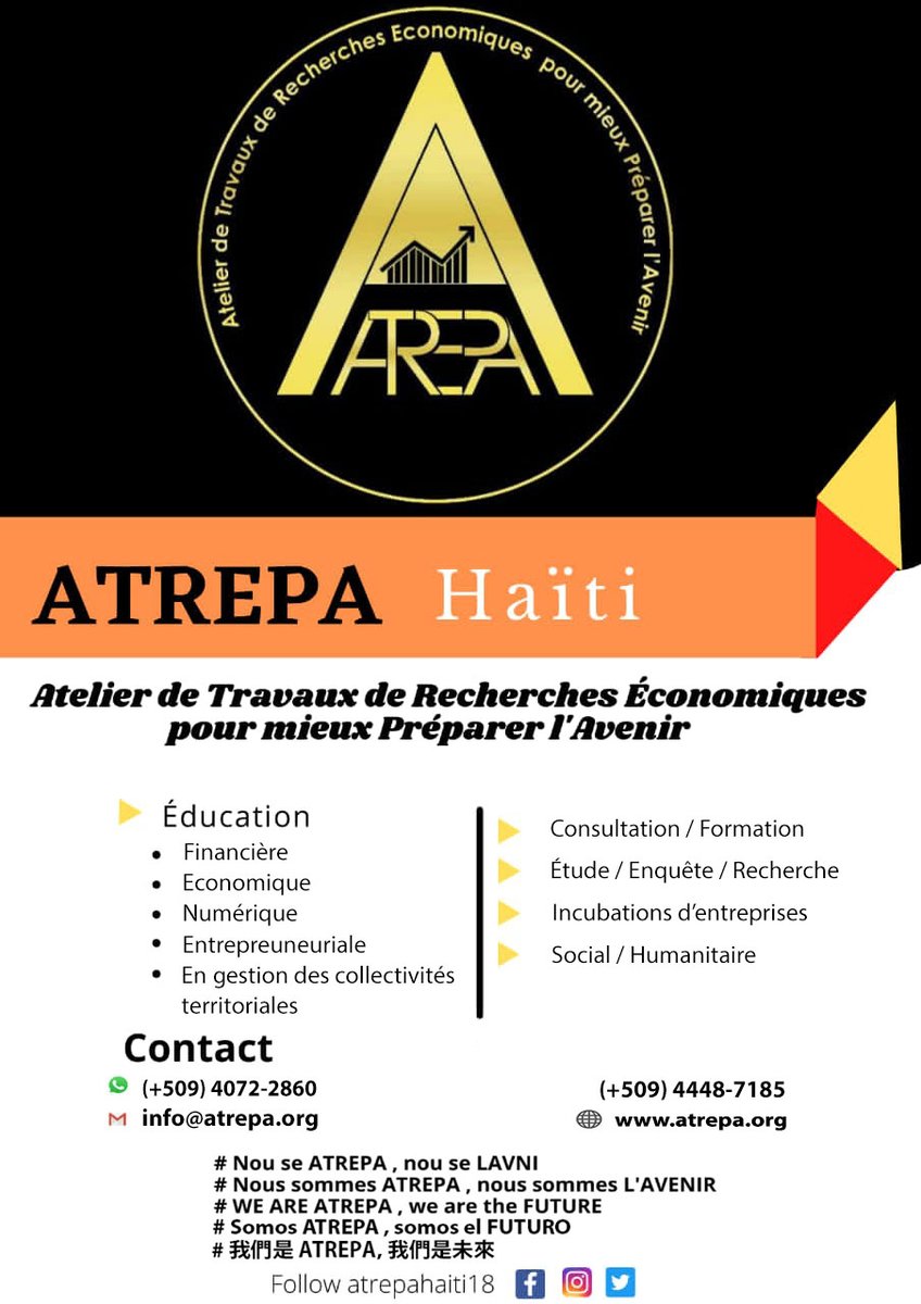L'Atelier de Travaux de #Recherches #Économiques pour mieux Préparer l'Avenir (#ATREPA) vous présente ses différents services et les secteurs dans lesquels il intervient. Veuillez visiter son site web atrepa.org pour découvrir toutes ses réalisations depuis 4 ans.