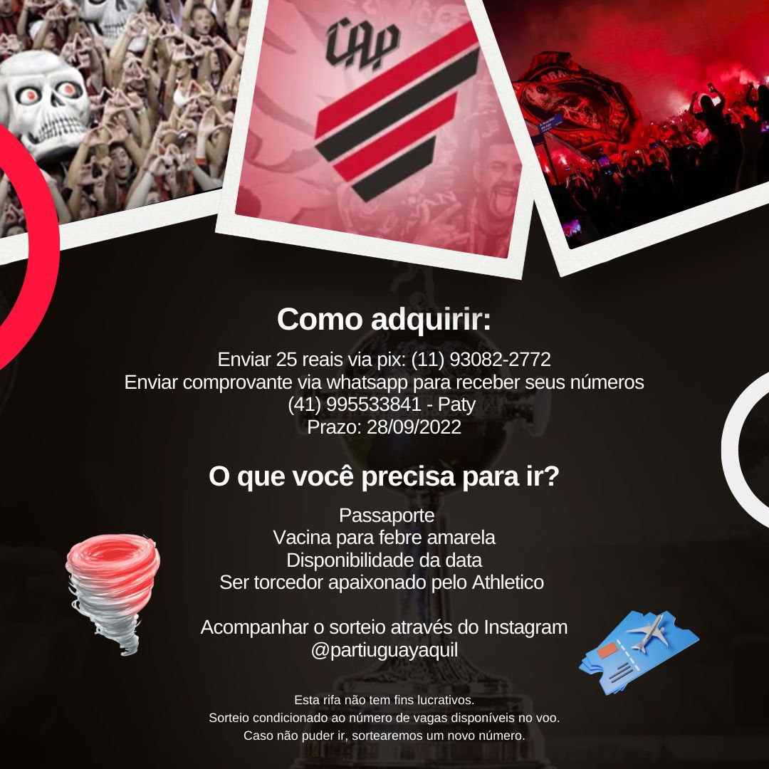 🚨Atenção, pé quentes! Com a ideia de viabilizar o fretadão depois de desistências inesperadas e, também, garantir mais atleticanos na tão sonhada FINAL foi lançada a campanha “PARTIU GUAYAQUIL” onde a venda de RIFAS visa exclusivamente o custeio dos novos e sortudos tripulantes!