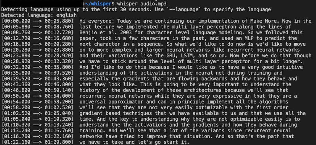 karpathy's tweet photo. Playing with Whisper. Fed in a 1m25s audio snippet from one of my lectures. I speak fast. I correct myself and backtrack a bit. I use technical terms (MLP, RNN, GRU). ~10 seconds later the (292 word) transcription is perfect except "Benjio et al. 2003" should be Bengio. Impressed https://t.co/HDvaxZO37v