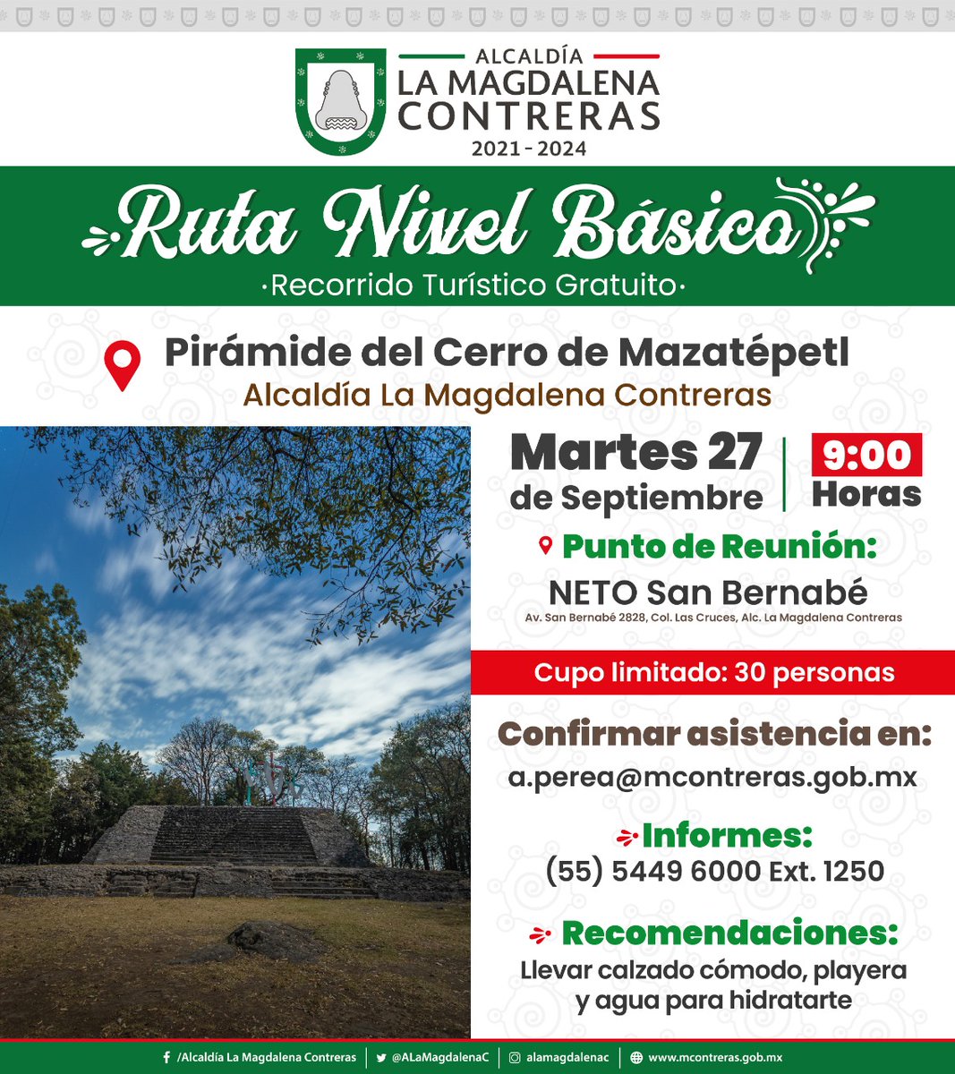 ALaMagdalenaC's tweet photo. 🟢🟢🟢 #ExploraContreras || ¿Te gustaría conocer la Pirámide del Cerro Mazatepetl?

Este día Mundial del #Turismo disfruta del recorrido que la Alcaldía prepara para ti.

🗓️ Martes 27 de Septiembre 
🕛 9:00 horas

🟢Cupo límitado a 30 personas🟢 https://t.co/8GOINXt2dj