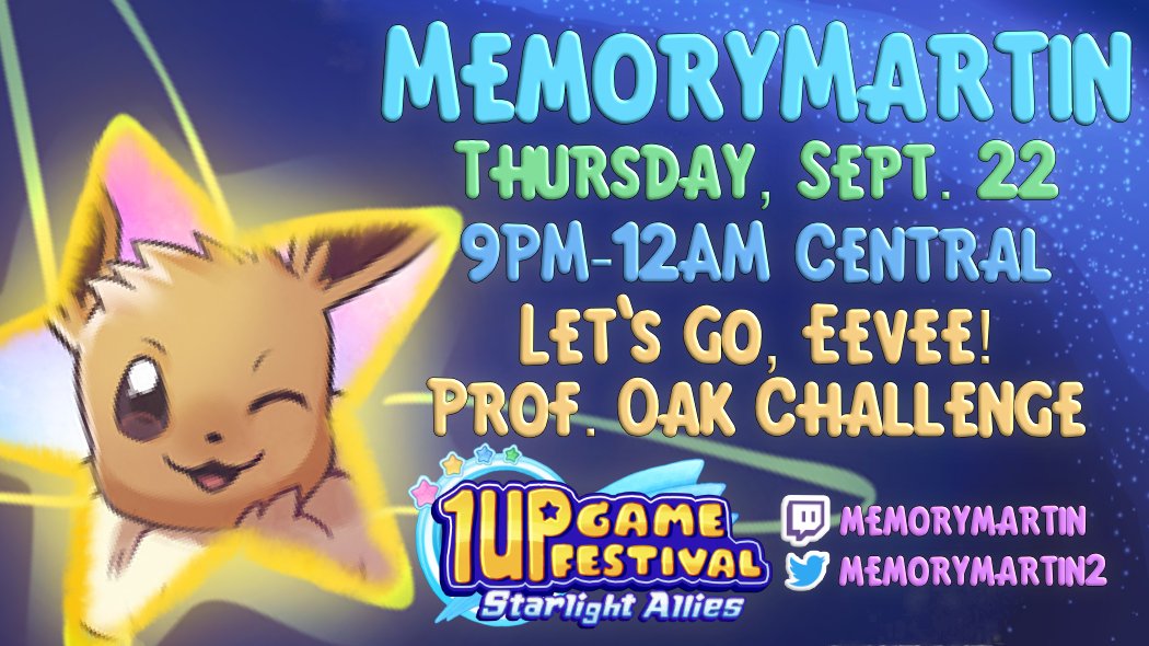 MemoryMartin2's tweet image. It's time for the @1UpGameFestival Let's Go Eevee Professor Oak Challenge! Let's see how much money we can raise for an awesome charity! Join us at twitch.tv/memorymartin