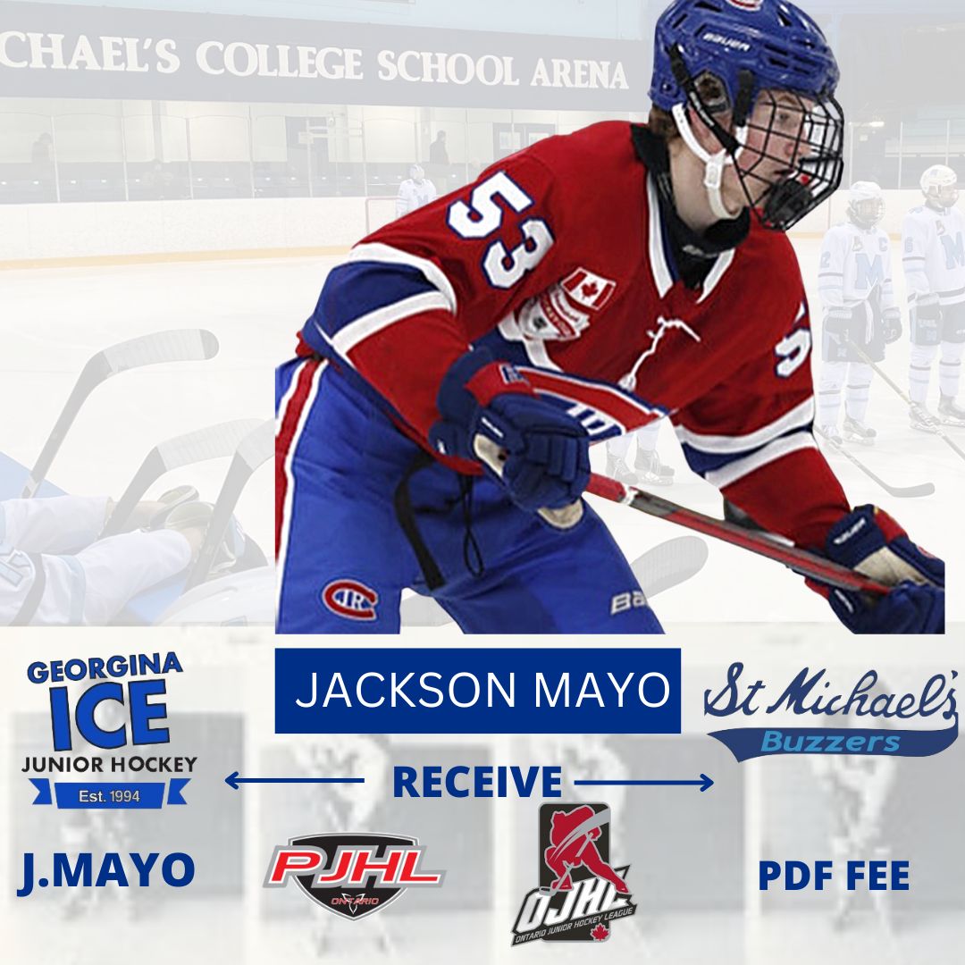 GeorginaIce's tweet image. 🚨🧊TRADE ALERT🧊🚨

#HereWeGo We are extremely happy to announce that we have acquired another top LOCAL player in a trade with the St. Michael's Buzzers of the OJHL- #22 Jackson Mayo 

Lets make sure we give Jackson a HUGE hometown welcome tomorrow night🧊🚨
#Section94 #Rollice