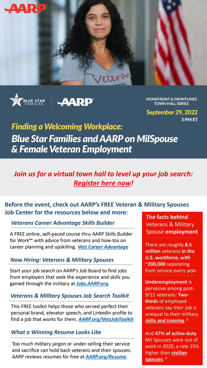 DoleFoundation's tweet image. Calling #MilitarySpouses &amp;amp; #FemaleVeterans! Join @BlueStarFamily &amp;amp; @AARP during #BlueStarWelcomeWeek for a virtual town hall that’ll help you get your career on track. Learn more &amp;amp; register today: bit.ly/3TRhKh3 #AARPsalutesVets #BSFTownHallSeries
