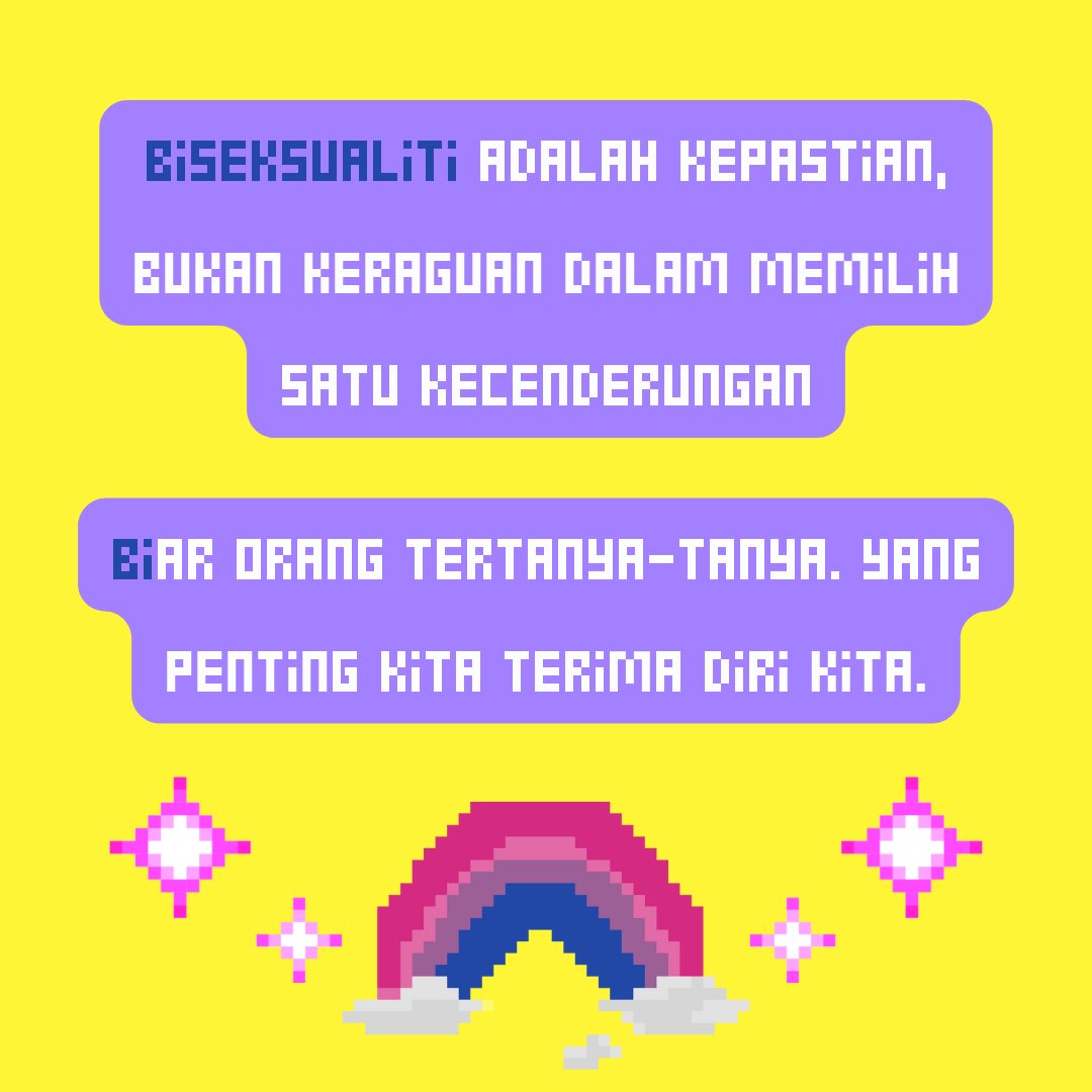 jejakaorg's tweet photo. BIar orang tertanya-tanya, yang penting kita terima diri kita. 💖💜💙
#bisexualitypride #bisexualityisreal #bisexualityisvalid #celebratebisexualityday https://t.co/kw7hk1i6Ms