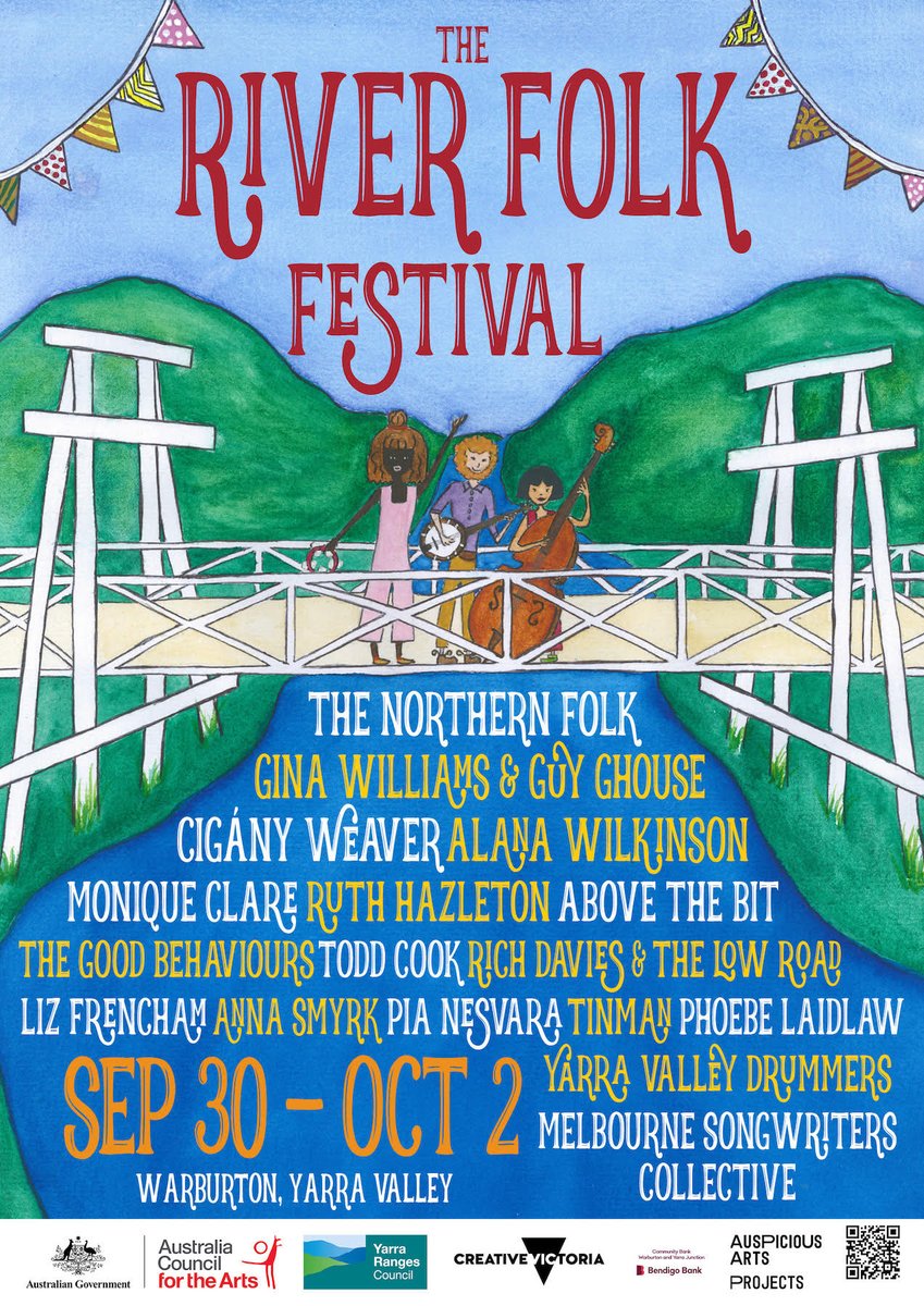 New announcements for the River Folk Festival starting at the end of the month - Gina Williams &amp; Guy Ghouse, The Good Behaviours, Pia Nesvara, Melbourne Songwriters Collective, Phoebe Laidlaw, as well as the Yarra Valley Drummers.
Bookings yarraranges.sales.ticketsearch.com/sales/saleseve…