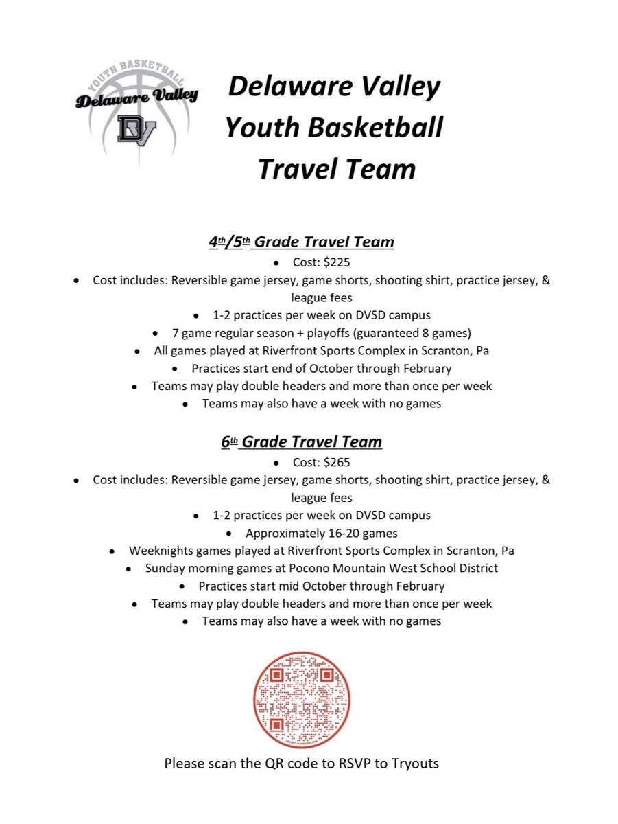Kris Holtzer (@kholtzer11) on Twitter photo ATTENTION 4th, 5th, & 6th grade boys interested in tryouts for travel basketball. Here is our information for tryouts and scan QR code to RSVP for tryouts. Must attend at least 1 tryout to make the team. Tryouts are October 12, 6-8p & October 15, 5-7p both at DVHS. <a href="/DV_Athletics/">DV Athletics</a> ATTENTION 4th, 5th, & 6th grade boys interested in tryouts for travel basketball. Here is our information for tryouts and scan QR code to RSVP for tryouts. Must attend at least 1 tryout to make the team. Tryouts are October 12, 6-8p & October 15, 5-7p both at DVHS. <a href="/DV_Athletics/">DV Athletics</a>