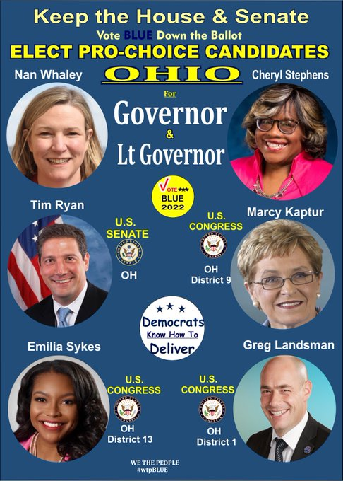 #VoteBlue for Ohio

Nan Whaley - Governor
Cheryl Stephens Lt Gov

Tim Ryan - Senate

Greg Landsman - OH01
Rep Marcy Kaptur - OH09
Emilia Sykes - OH13

They’re committed to policies that prioritize the needs of working & middle-class families
 
Vote Blue 4 YOU!
 
#wtpBLUE wtp1544