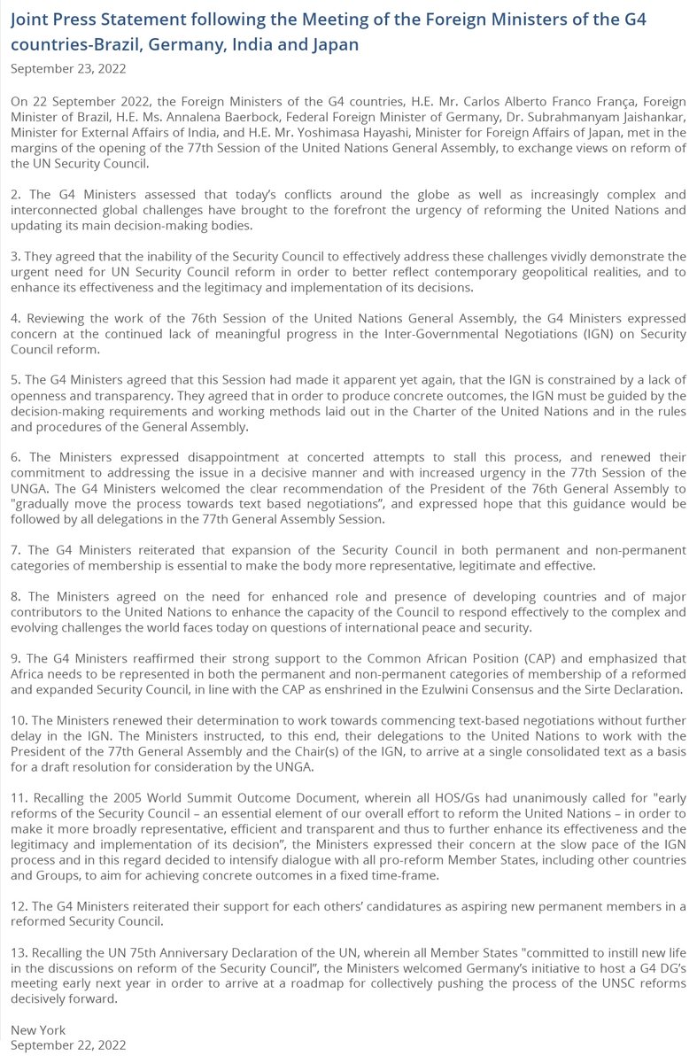 sidhant's tweet image. G4 grouping --India, Brazil, Germany, Japan-- issue joint statement calling for UNSC reforms after ministeral meet in New York: