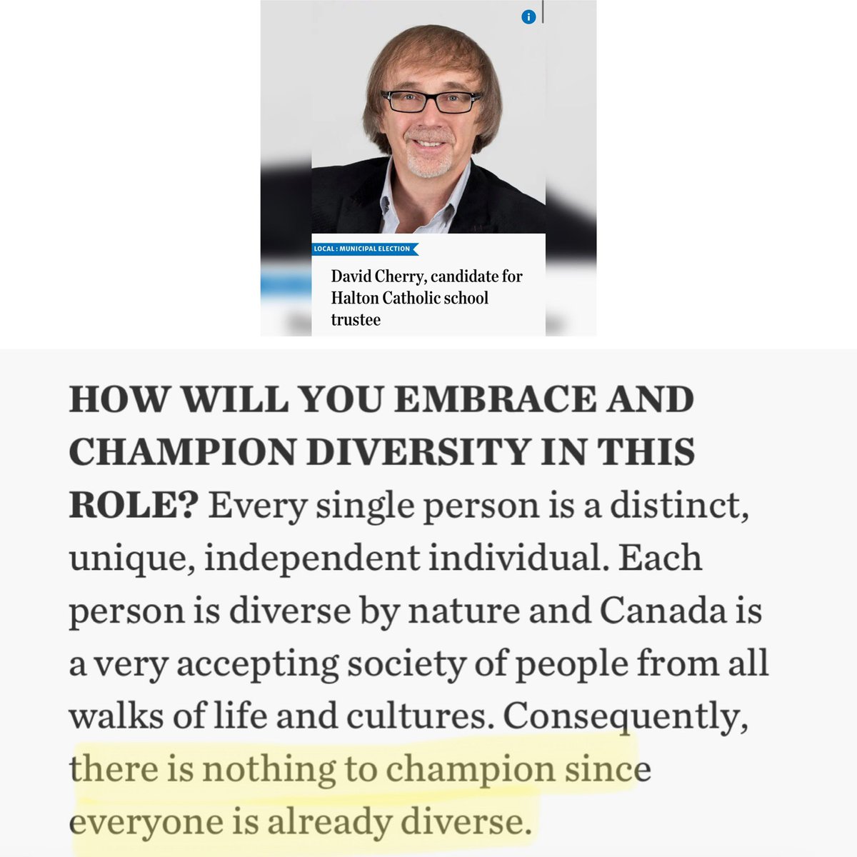 FBarryMusic's tweet image. Wow. Here are 2 HCDSB trustee candidates for Burlington. . . Glad we’re so diverse that we can stop championing it. Oh, and the other guy uses quotes about Nazi purges to refer to new construction. Check out haltonparentsforchange.ca/Election for some better choices. And VOTE! @HaltonPFC