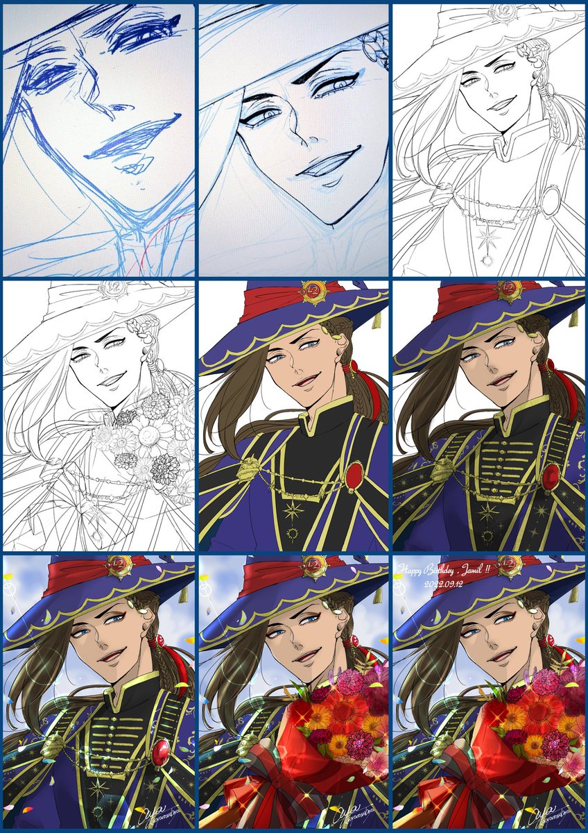 スマホ内のアルバム整理してたら、イラストの過程を保存してたの何枚かあったので…消しちゃうし纏めたの載せとく。
最近描いたジャミ誕と🐍🥥内緒話のイラスト。 