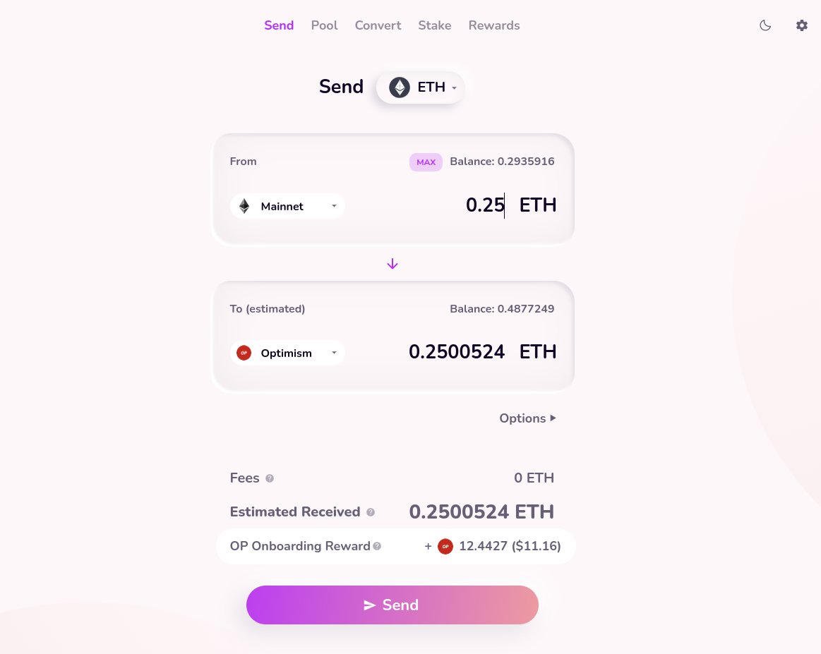 HopProtocol (@hopprotocol) on Twitter photo Happy to announce our 1m $OP rebate program is now live!
Going forward, every transfer into <a href="/optimismFDN/">Not your crypto advisor</a> will receive an 80% fee discount paid out in $OP tokens.
The best route into Optimism is on @hopprotocol 🥳 Happy to announce our 1m $OP rebate program is now live!
Going forward, every transfer into <a href="/optimismFDN/">Not your crypto advisor</a> will receive an 80% fee discount paid out in $OP tokens.
The best route into Optimism is on @hopprotocol 🥳