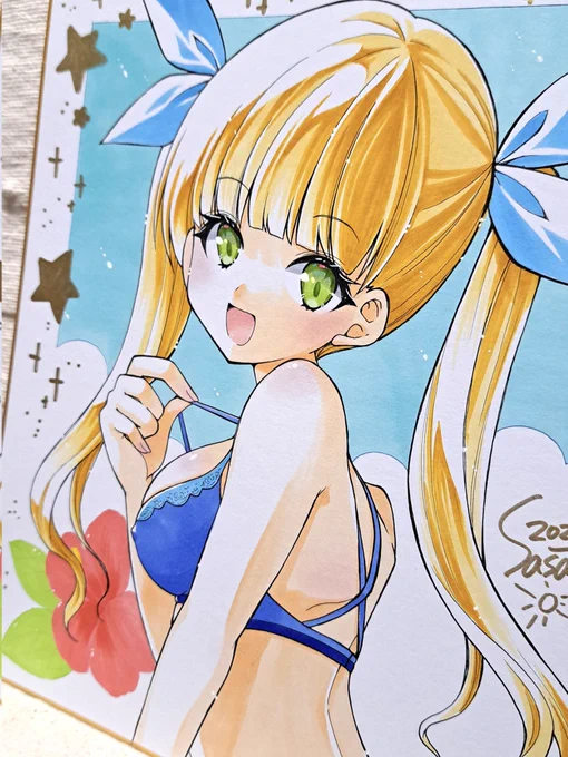 #夏が終わりそうだし今年描いた水着絵を貼ろう今年は色紙絵ばっかだったかな 