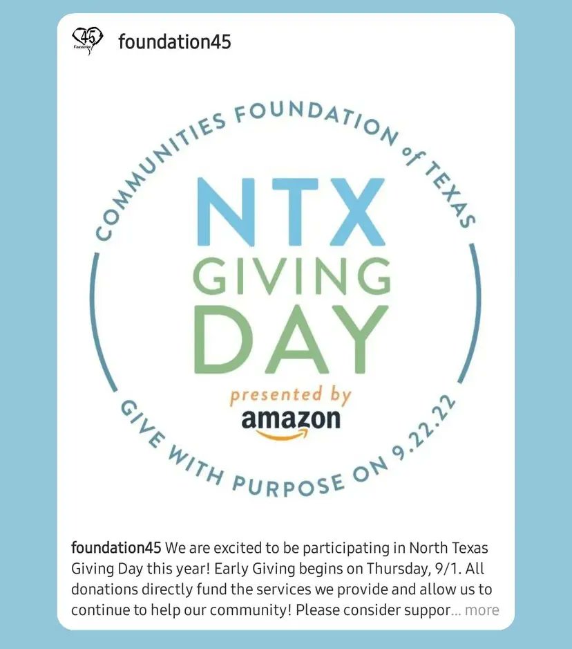 Foundation_45's tweet photo. Support Foundation 45 on NTX Giving Day! 

https://t.co/jXCCAxLPHc

 #ntxgivingday #fundraising #realpeoplerealconversations https://t.co/97LcaeIYVn
