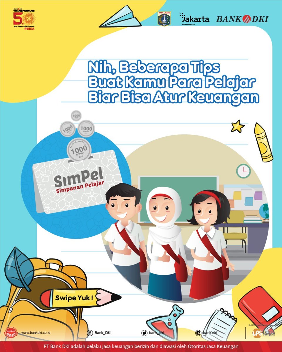 bankjakarta_'s tweet photo. Uang jajan mu cepat habis? Tapi nggak tau habis nya untuk apa saja? Tandanya kamu harus pandai untuk mengatur keuanganmu. Salah satunya dengan menabung di Tabungan SimPel.

Informasi lebih lanjut kunjungi https://t.co/CYiurDBCXC

#BankDKI
#BDKI
#TabunganSimPel https://t.co/TEelpPyH88