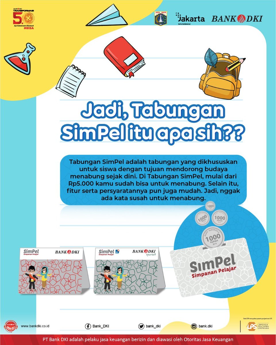 bankjakarta_'s tweet photo. Uang jajan mu cepat habis? Tapi nggak tau habis nya untuk apa saja? Tandanya kamu harus pandai untuk mengatur keuanganmu. Salah satunya dengan menabung di Tabungan SimPel.

Informasi lebih lanjut kunjungi https://t.co/CYiurDBCXC

#BankDKI
#BDKI
#TabunganSimPel https://t.co/TEelpPyH88