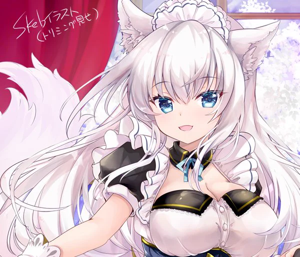 白狐メイドさん完成させたので再送いただけるかわからないのですが寝かせておきます ひ～すみません…(ファンボックスにもこのトリミングサイズでもうちょっと解像度高めは載せますが全体じゃないです)  