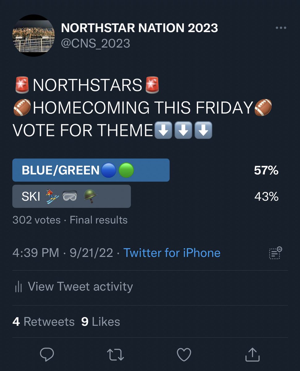 🚨NORTHSTARS🚨
🏈HOMECOMING TOMORROW🏈
THEME IS BLUE AND GREEN🔵🟢
GAME STARTS AT 630
BE LOUD ITS HOMECOMING‼️
