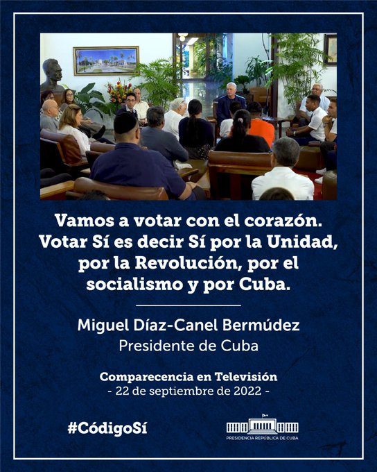 ¿Qué dijo <a href="/DiazCanelB/">Miguel Díaz-Canel Bermúdez</a>? 🇨🇺

✅El Código es lo que somos 
✅Es una obra monumental 
✅Convirtió el amor en Ley
✅El Sí debe ser ahora, más adelante sería demasiado tarde
✅Se puede discrepar de algunos artículos, pero sería un error negarlo todo por eso 
✅Votar con el corazón❤️