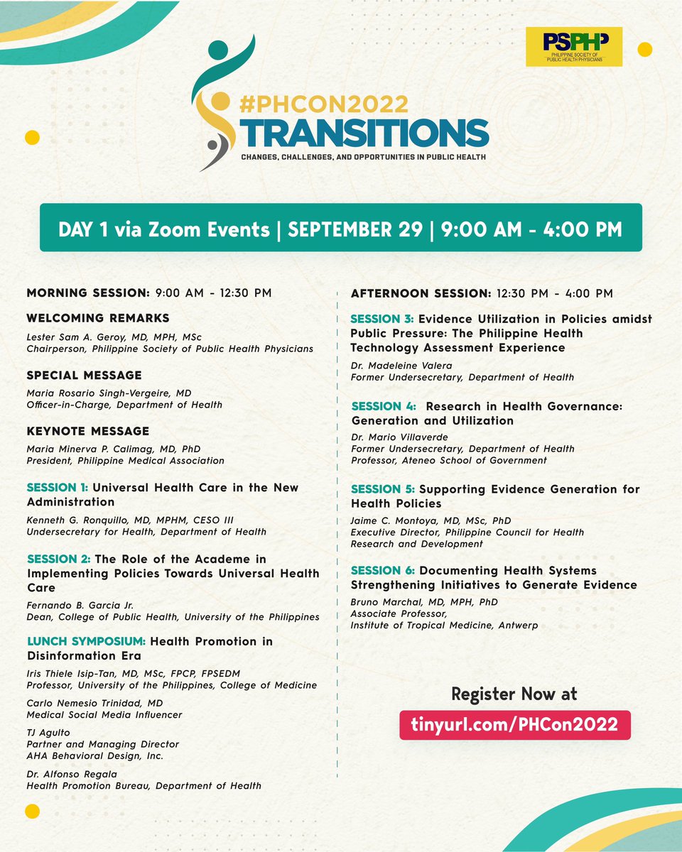 raymond_naguit's tweet photo. Register now for @psphpofficial‘s #PHCon2022!
Transitions: Changes, Challenges, and Opportunities in Public Health
29-30 September 2022
Register now at https://t.co/YAs4Huo8Iu! For inquiries, send a message here or email at phcon@psphp.org.
#PublicHealth
#PSPHP https://t.co/NOWUQGGfpl