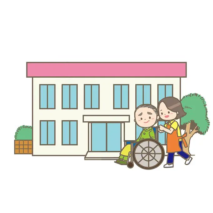 介護施設のイラストです。介護士さんが車椅子に乗った高齢者(利用者)の方を散歩に連れ出しています。#フリーイラスト#フリー素材#看護師イラスト集看護師イラスト集介護施設のイラスト 