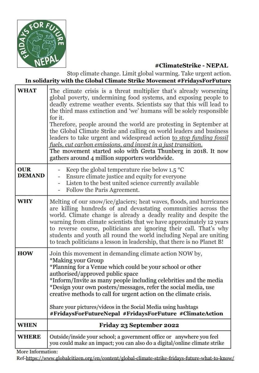 Share with us your event, stories, strikes, posters, videos...
#PeopleNotProfit #globalclimatestrike #fridaysforfuture #FridaysForFutureNepal