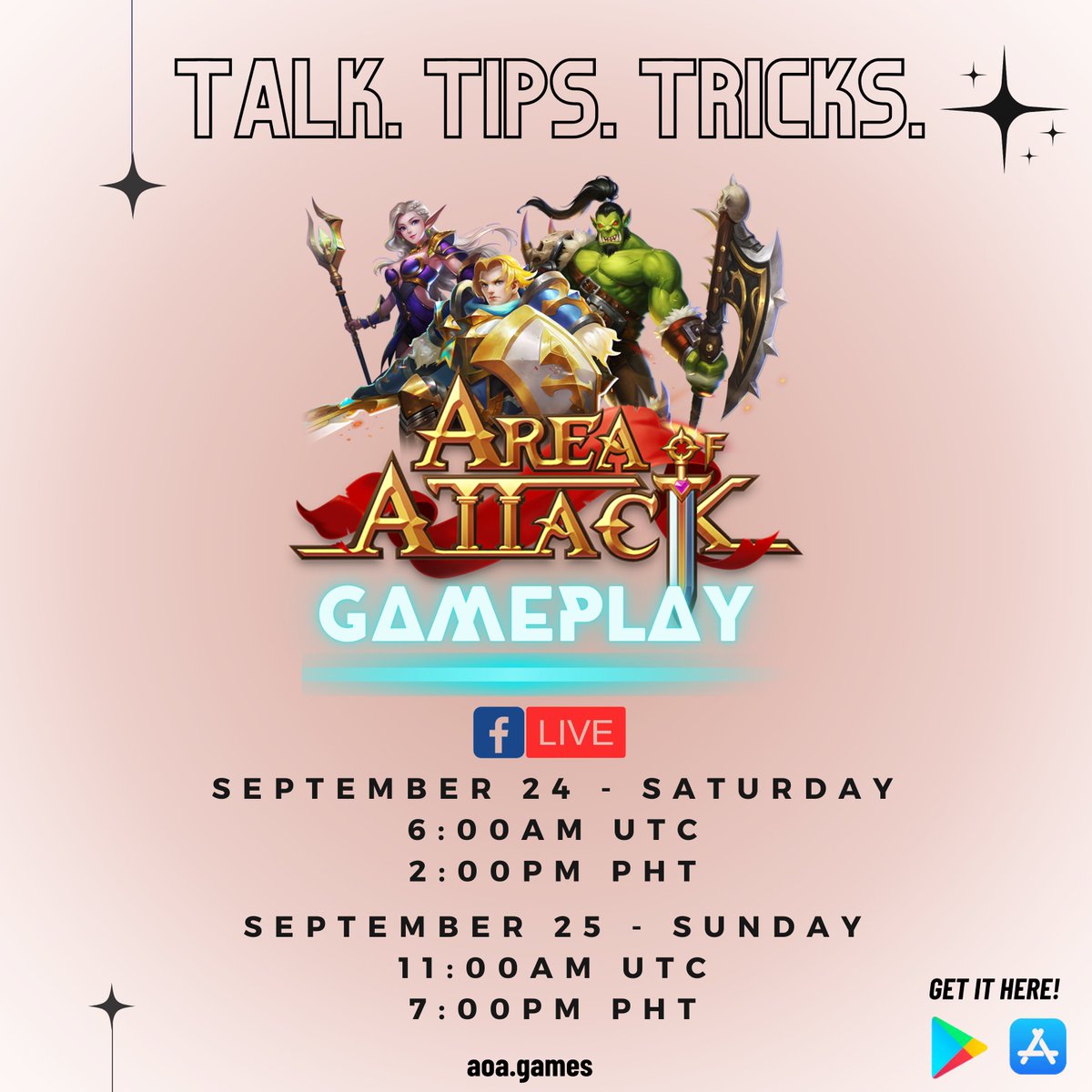 ✨ HAPPY FRIDAY, TOMORROW IT'S AREA OF ATTACK GAMEPLAY AGAIN!✨ 📅 Sept. 24, Saturday ⏰ 6:00am UTC / 2:00pm PHT 📅 Sept. 25, Sunday ⏰ 11:00am UTC / 7:00pm PHT Live on our Official Facebook Page: AREA OF ATTACK GLOBAL TUNE IN, TEAM AoA!!! 💖 #AreaOfAttack #AoAGamePlay