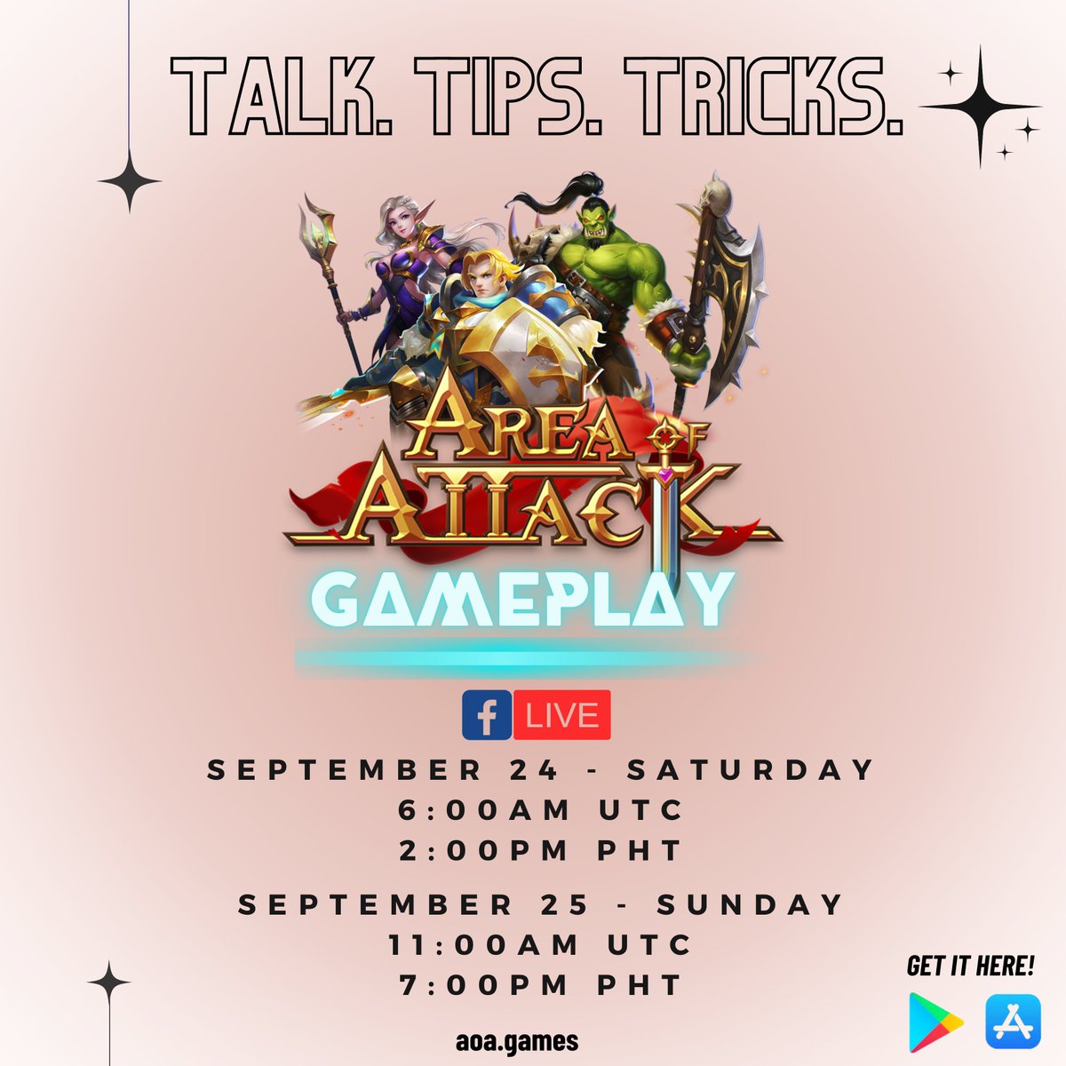 AreaofAttack's tweet image. ✨ HAPPY FRIDAY, TOMORROW IT'S AREA OF ATTACK GAMEPLAY AGAIN!✨

📅 Sept. 24, Saturday
⏰ 6:00am UTC / 2:00pm PHT

📅 Sept. 25, Sunday
⏰ 11:00am UTC / 7:00pm PHT

Live on our Official Facebook Page: AREA OF ATTACK GLOBAL

TUNE IN, TEAM AoA!!! 💖

#AreaOfAttack #AoAGamePlay