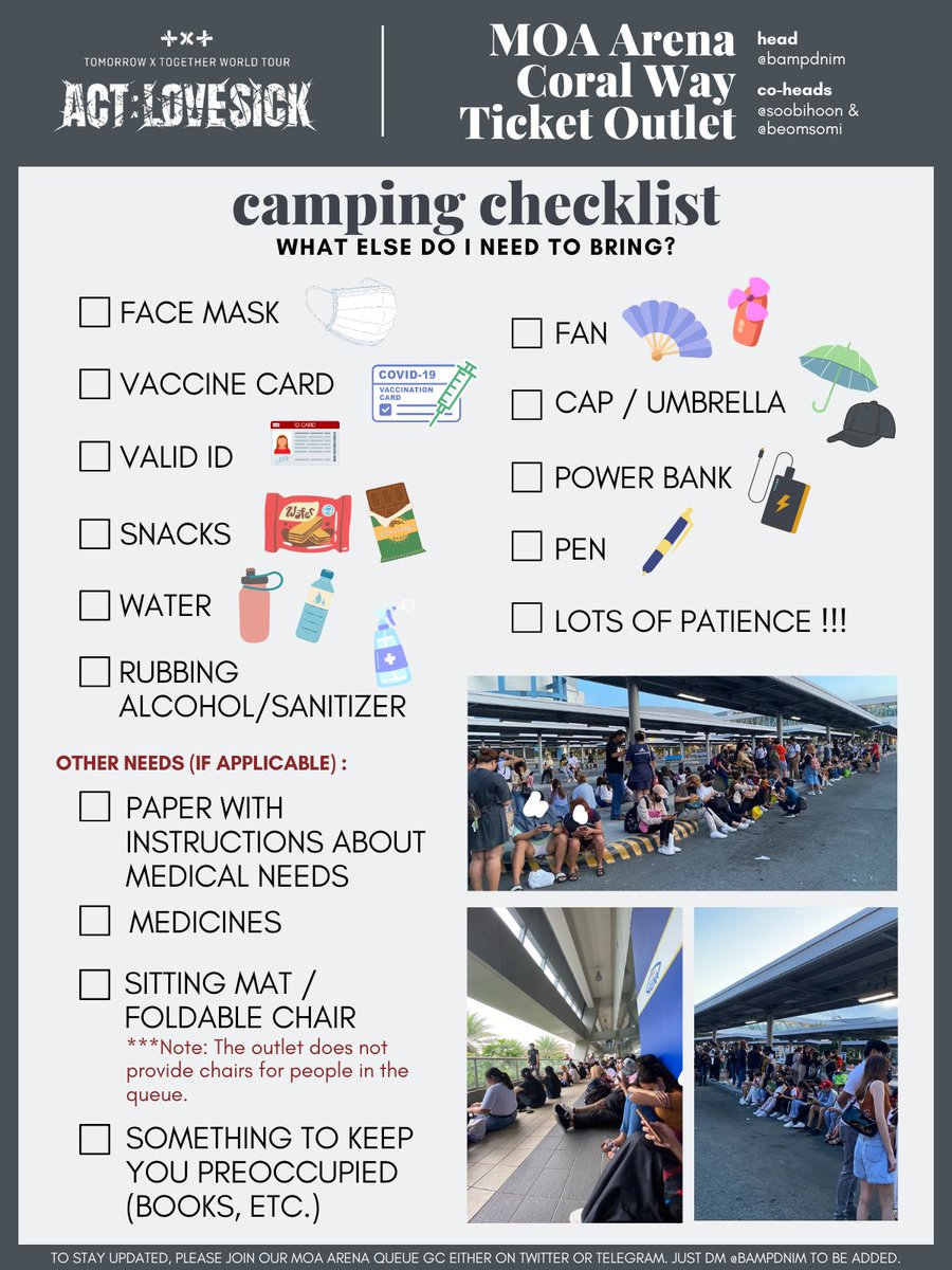 bampdnim's tweet photo. TXT Act: Lovesick - MOA Arena Coral Way Ticket Outlet Unofficial Queue

Kindly read EVERYTHING in the guidelines and in this thread.

Start of camping + giving out of queue numbers: Sept. 24, 5 PM

Meet-up place: Outside the arena, along J.W. Diokno Blvd*

#TXT_MOA_Arena_Queue https://t.co/wKiHIDwIA4