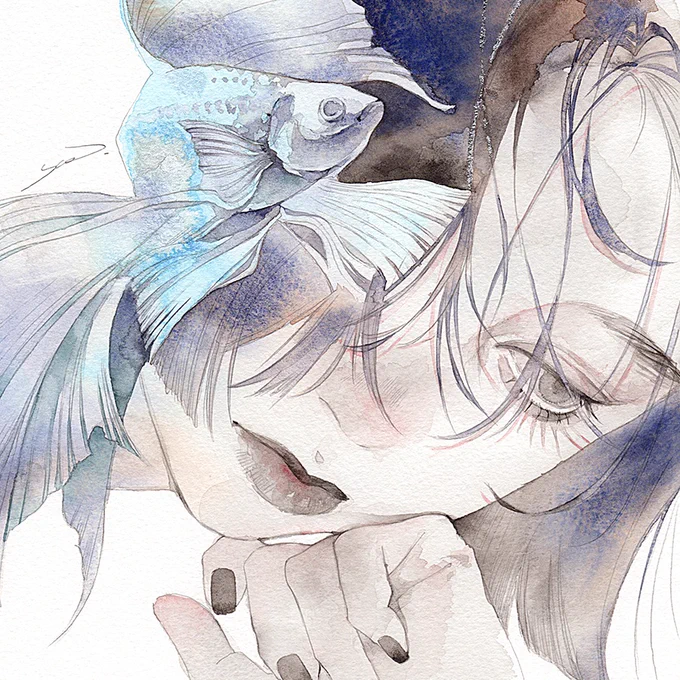 青水無月(あおみなづき)ボッキングフォード水彩紙・絵墨・水彩・顔彩・アルミ箔 