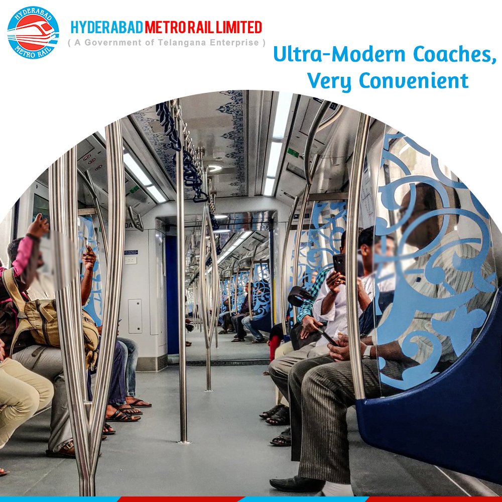 Ultra-Modern Coaches, Very Convenient The metro coaches are fully equipped with a/c, automatic doors, pleasing ambience and a host of facilities that makes the ride quite comfortable. #HyderabadMetroRail #HMR #HyderabadMetro #MetroFacilities #HydMetro